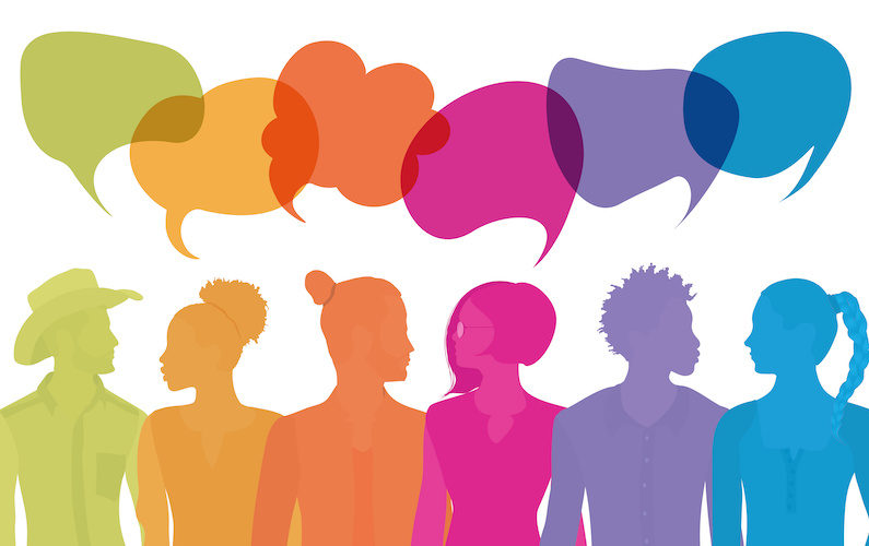 Group of diverse multiethnic people different culture talking sharing ideas. Communication people. Crowd talking. Silhouette. Social network. Community. Speak. Communicate. Speech bubble